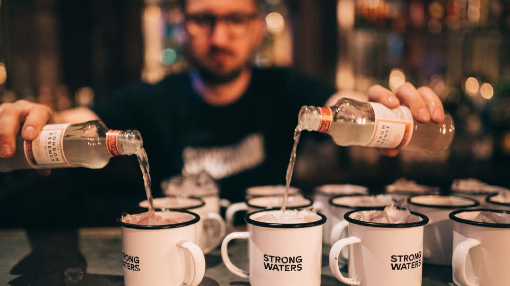 Belfast By The Glass drinks being made in Strong Water enamel mugs